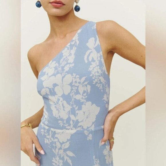 NEW Reformation Evelyn Maxi Dress One Shoulder Side Slit Aliso Blue Floral sz 2 - Picture 5 of 15